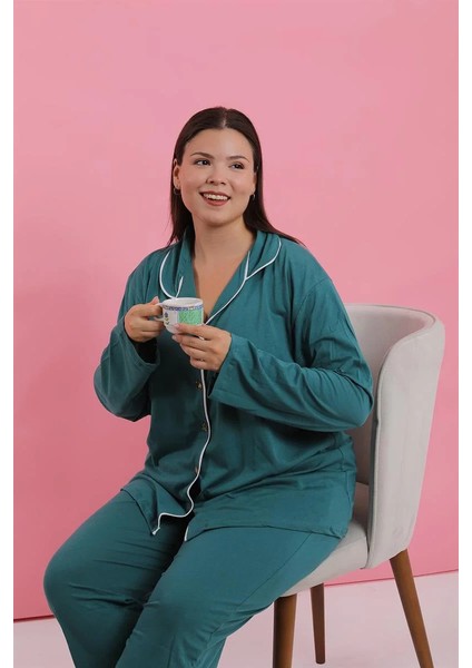 Moda Kadın Büyük Beden Petrol Rengi Düğmeli Pijama Takımı indirimleri