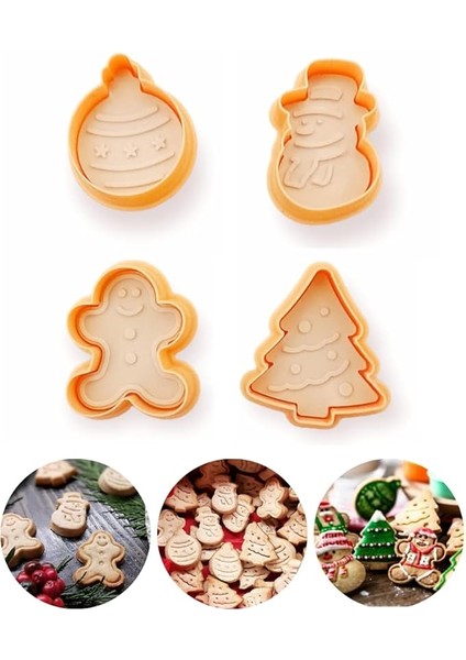 Şekilli Adam Çam Ağacı Basmalı Kurabiye Kalıbı Gingerbread Man Desenli Şeker Hamuru Kesici Aparat (Konsept 1, Krem-Turuncu)