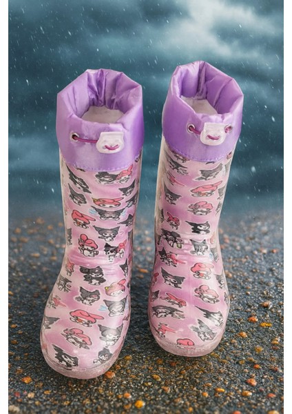 Kız Çocuk Kuromi Baskılı Içi Peluşlu Su Geçirmez Yağmur Çizmesi Botu