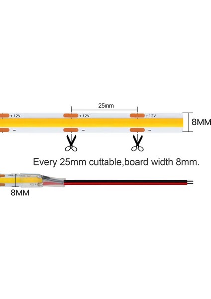 12V Cob Şerit LED 8mm 320 Ledli Esnek Sarı (Amber) Cob LED IP20 (5 Metre) modelleri