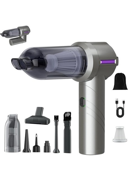 Model 15,000 Pa Ahv-06 Kablosuz Şarjlı, Katlanabilir 3 Kademeli 2ın1 Profesyonel Ultra Çekim Güçlü Mini Araç Süpürgesi (Gri)