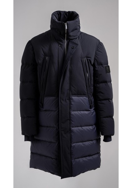 Lacivert Uzun Şişme Mont Erkek Kışlık Su Geçirmez Kapüşonlu Kalın Mont
