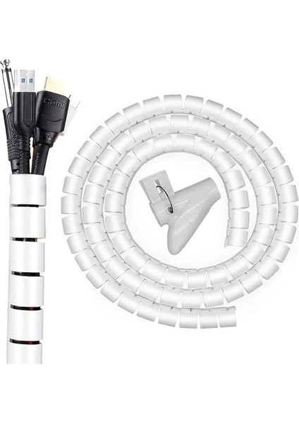 1 mt x 22 mm Spiral Boru Kablo Kanalı Kablo Fiş Düzenleyici Toplayıcı Kordon Kablo Tutucu Beyaz (1 Adet)
