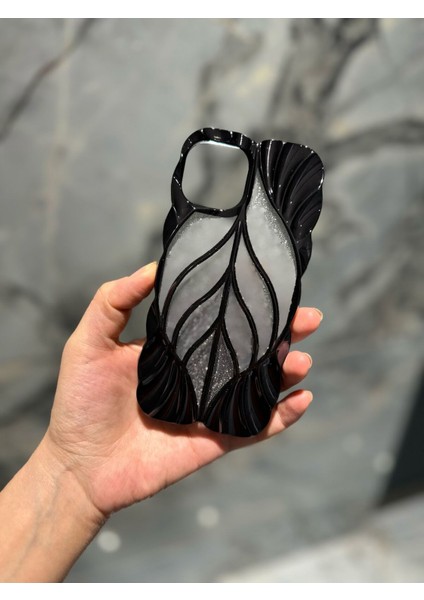 IPHONE 15 Pro Siyah Parlak Yaprak Desen Esnek Telefon Kılıfı