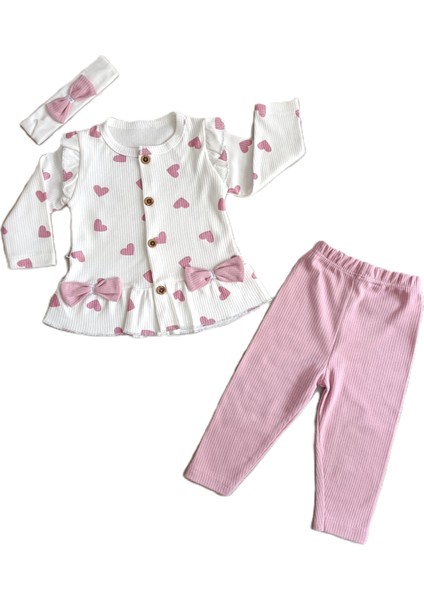 Kız Bebek Kalpli Fitilli Önü Düğmeli &bandanalı 3 Lü Takım