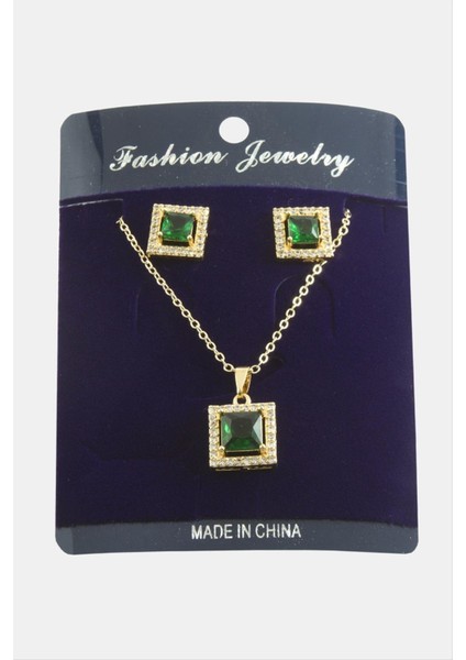 shop Kare Zirkon Taşlı Set Kolye-Kırmızı