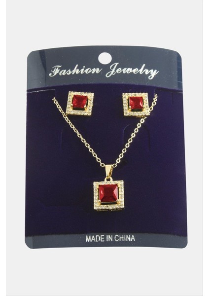 shop Kare Zirkon Taşlı Set Kolye-Kırmızı fiyatları