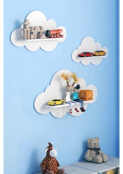 3'lü Beyaz Dekoratif Bulut Çocuk Odası Duvar Rafı Duvar Dekorasyonu