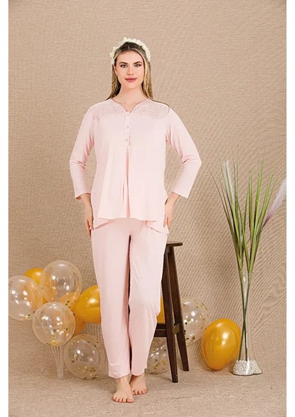 Lady Lingerie Uzun Kollu,düğme Yakalı Lohusa-Hamile Pijama Takımı