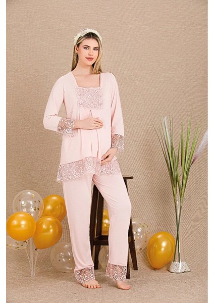 Lady Lingerie Uzun Kollu,dantelli Lohusa-Hamile Pijama Takımı