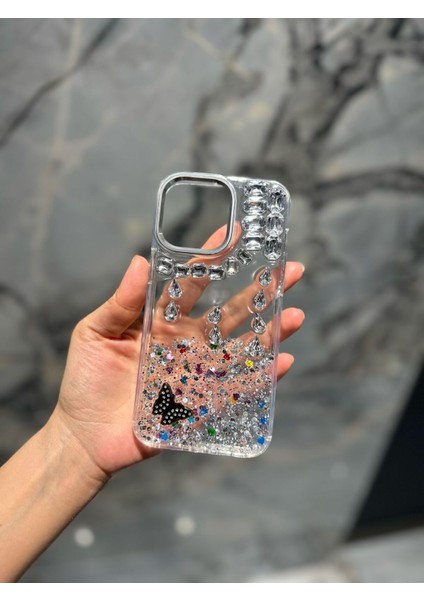 IPHONE 15 Promax Taşlı Beyaz Telefon Kılıfı