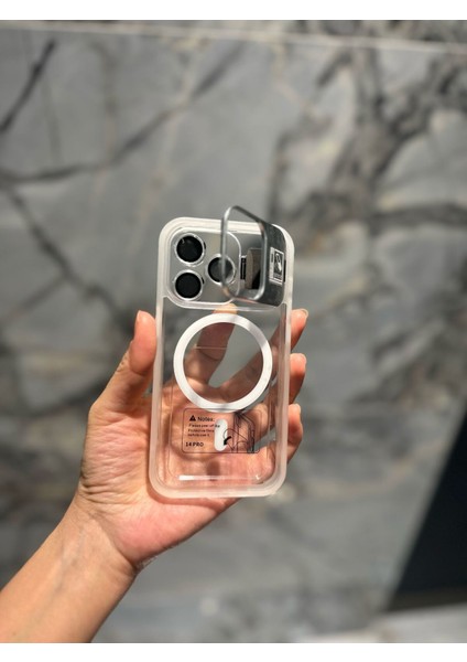 IPHONE 14 Pro Lensli Magsafe Özellikli Şeffaf Beyaz Telefon Kılıfı
