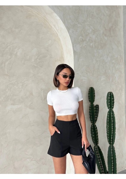 Yüksek Bel Parçalı Double Kumaş Şort S25312 indirimleri