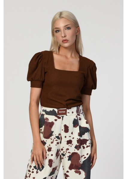 Big Dart Kare Yaka Örme Bluz - Kahverengi Kahverengi - Standart