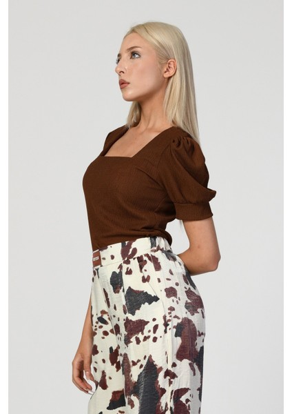 Big Dart Kare Yaka Örme Bluz - Kahverengi Kahverengi - Standart fırsatları