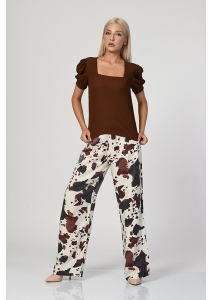 Big Dart Kare Yaka Örme Bluz - Kahverengi Kahverengi - Standart indirimleri