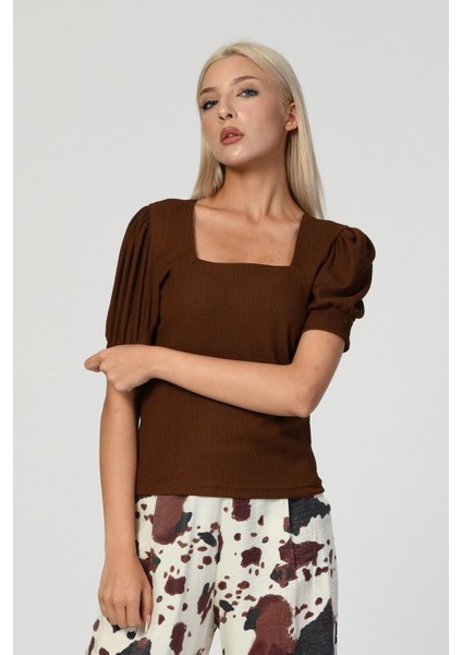 Big Dart Kare Yaka Örme Bluz - Kahverengi Kahverengi - Standart