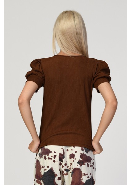 Big Dart Kare Yaka Örme Bluz - Kahverengi Kahverengi - Standart