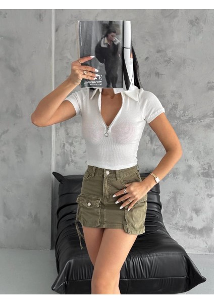 Kaşkorse Yaka Fermuarlı Bluz Beyaz fırsatları