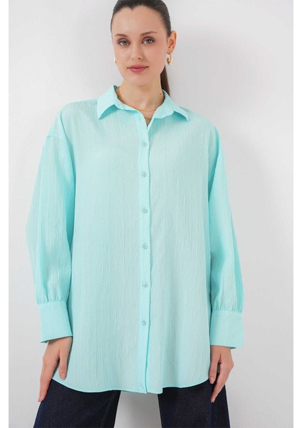 Big Dart Çizgili Oversize Gömlek - Turkuaz Turkuaz - 42