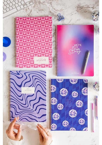 A4 Spiralli Karton Kapak 4'lü Set Kareli Okul Defteri 80 Yaprak - Ders Programlı Mavi Disko