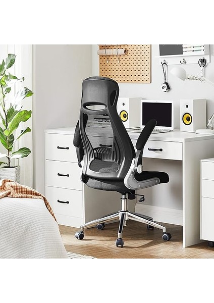 Ofis Koltuğu, Döner Sandalye, Yönetici Koltuğu, Başlıklı Ofis Döner Koltuğu, Katlanabilir Kolçaklar, Sallanma Fonksiyonu, Siyah OBN86BK, 64 x 54 x (113-123) cm indirimleri