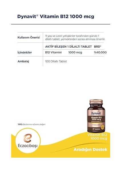 1000 Mcg B12 Vitamini Metilkobalamin 100 Dil Altı Tablet Takviye Edici Gıda (1 x 100 Tablet) modelleri
