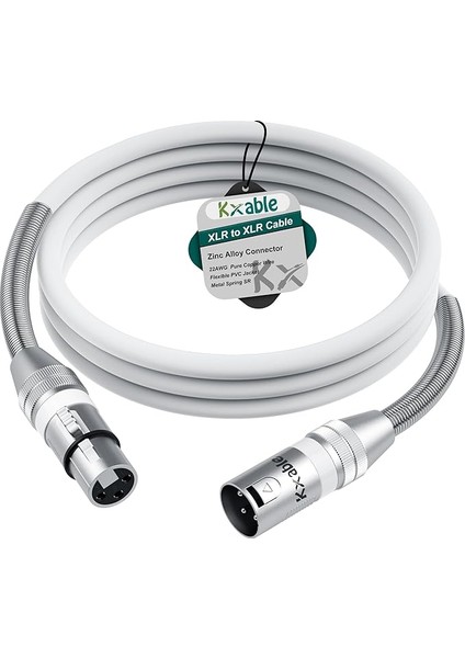 Kablo 3 Ayaklar, Premium Xlr Mikrofon Kablosu, Ağır Hizmet Tipi 22AWG Ofc Xlr Erkekten Dişi Kabloya, Çinko Alaşımlı Konnektörler, Metal Yay Sr, Beyaz