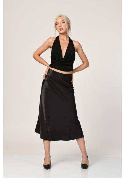 Big Dart Yüksek Bel Saten Etek - Siyah Siyah - 38