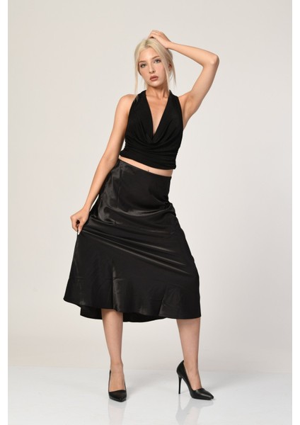 Big Dart Yüksek Bel Saten Etek - Siyah Siyah - 38 modelleri
