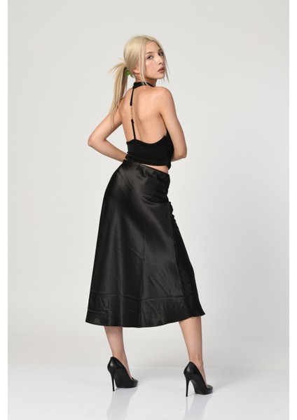 Big Dart Yüksek Bel Saten Etek - Siyah Siyah - 38