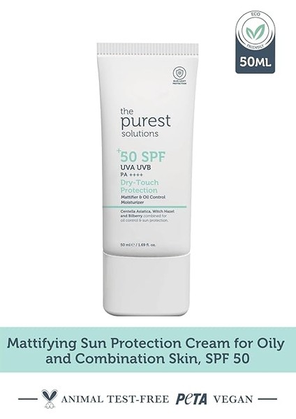 Purest Solutions, Yağlı ve Karma Ciltler Için Matlaştırıcı Güneş Koruyucu Krem Spf 50, 50 ml fiyatları