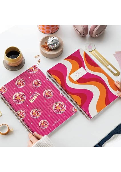 Spiralli Karton Kapak 2’li Set Kareli Okul Defteri 80 Yaprak, Ders Programlı Retro Disko