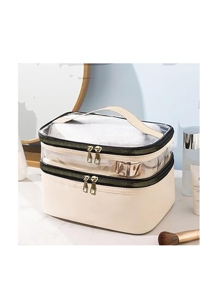 Bej Deri Kadın Makyaj Çantası Şeffaf Pratik Şık Çift Bölmeli Fermuarlı Kozmetik Makyaj Organizeri fiyatları