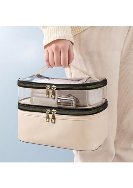 Bej Deri Kadın Makyaj Çantası Şeffaf Pratik Şık Çift Bölmeli Fermuarlı Kozmetik Makyaj Organizeri modelleri