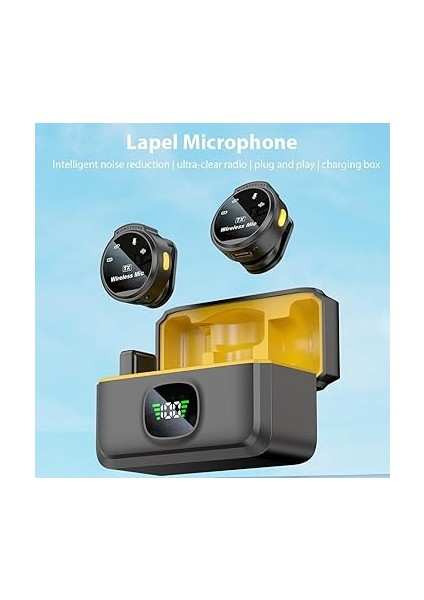 Yaka Mikrofonu Çift Mikrofon Klipsli Mikrofonlar Gürültü Azaltma Gecikme Yok Düğmesi Disk Şeklinde Kablolu Mikrofon Dijital Ekran Cep Telefonu Için Şarj Kutusu Canlı Yayın Kaydı Tak ve modelleri