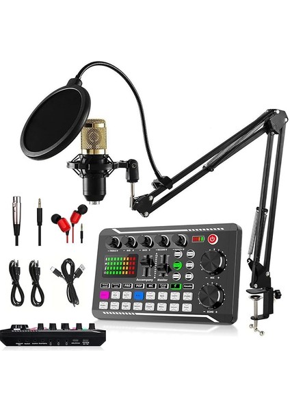 Podcast Mikrofon Paketi, F998 Canlı Ses Kartı Kiti ile BM-800 Kondansatör Mikrofon, Pc Telefon Stüdyo Kaydı ve Yayıncılığı Için Ses Değiştirici ve Mikser F998+ALTIN Mikrofon+Ayarlanabilir Kol