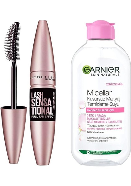 New York Lash Sensational Yelpaze Etkili Intense Black Maskara - Ekstra Siyah + Garnier Skin Naturals Micellar Kusursuz Makyaj Temizleme Suyu (200 Ml)