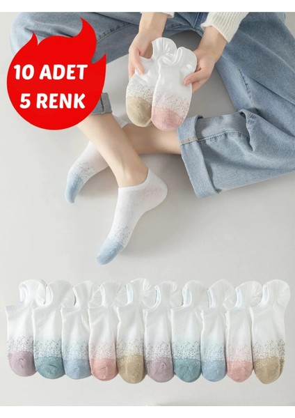 10 Çift 5 Farklı Renk Görünmez Bayan Noktalı Desenli Kadın Çorap Günlük Şık Görünüm Özel Bayan Serisi Hobins Sportswear & Company Markası Ile