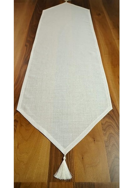 Simli Keten Runner Püsküllü, Kırık Beyaz, 45X150CM
