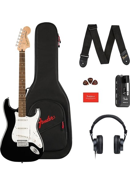 By Fender Affinity Series™ Stratocaster® Elektro Gitar ve Mustang™ Micro Pack Siyah Gigbag, Kayış, Kulaklık, Pena ve Fender Play Için 3 Aylık Abonelik Dahil