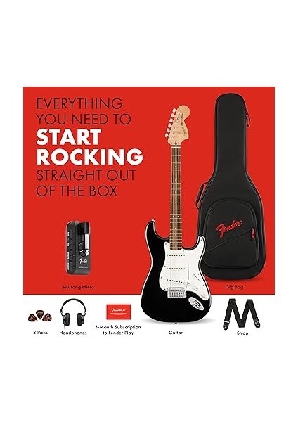 By Fender Affinity Series™ Stratocaster® Elektro Gitar ve Mustang™ Micro Pack Siyah Gigbag, Kayış, Kulaklık, Pena ve Fender Play Için 3 Aylık Abonelik Dahil indirimleri