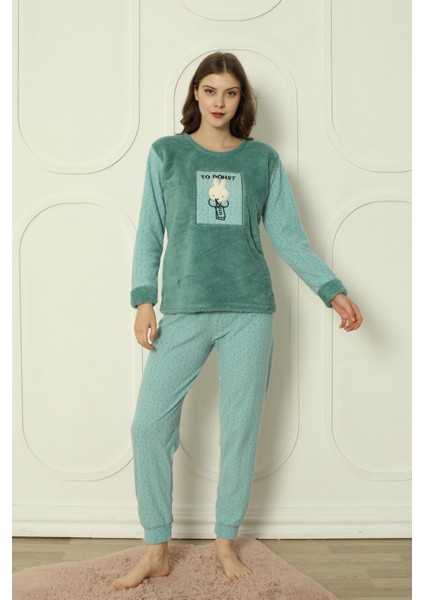 Fwn 3300 Peluş Welsoft Polar Kışlık Sevimli Tavşanlı Kadın Pijama Takımı