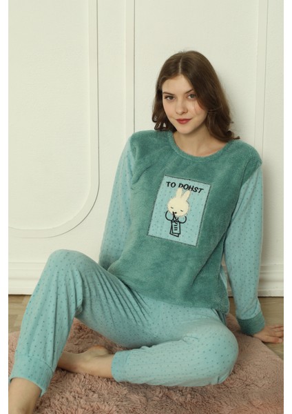 Fwn 3300 Peluş Welsoft Polar Kışlık Sevimli Tavşanlı Kadın Pijama Takımı modelleri