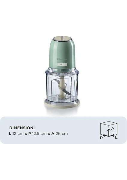 Vintage Doğrayıcı Yeşil 0438/04-2 Hız Kademeli, 2 Buton ve 4 Paslanmaz Çelik Bıçak, Sebze Doğrayıcı, Buz Kırıcı Özellikli, 600 ml Ölçekli Kupa ile Kullanım Kolaylığı fiyatları