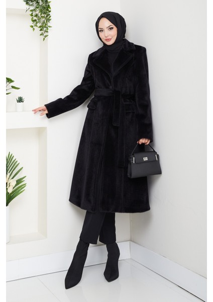 Kadın Astarlı Kuşaklı Tüylü Fox Kaban -PMK473