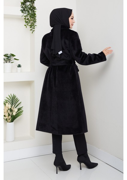 Kadın Astarlı Kuşaklı Tüylü Fox Kaban -PMK473 fırsatları