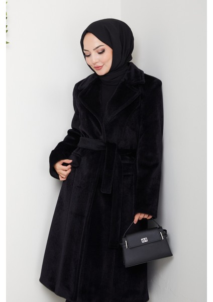 Kadın Astarlı Kuşaklı Tüylü Fox Kaban -PMK473 indirimleri