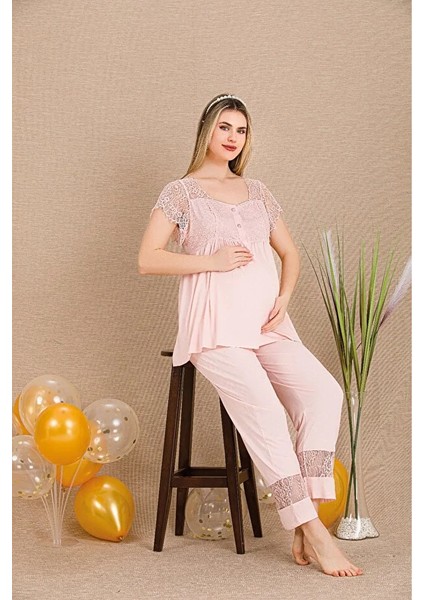 Lady Lingerie Düğme Yakalı Kısa Kollu Dantel Detaylı Lohusa-Hamile Pijama Takımı
