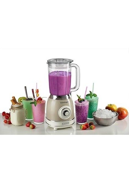 Vintage Cam Blender Bej 0583/03-1,5 Litre Kapasiteli Cam Sürahi, 4 Hız Kademesi, Pulse Özelliği ve Buz Kırma Fonksiyonu, 4 Paslanmaz Çelik Bıçak ile Güçlü Performans fiyatları